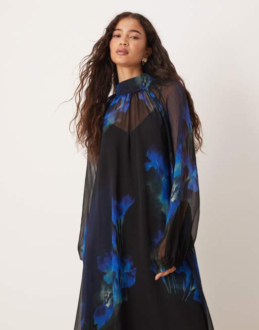 ASOS DESIGN tie neck maxi smock dress with high low hem in abstract blue floral, 4 of 4