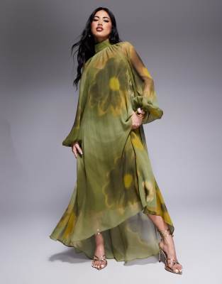 Asos Design Tie Neck Maxi Smock Dress With High-low Hem In Multi
