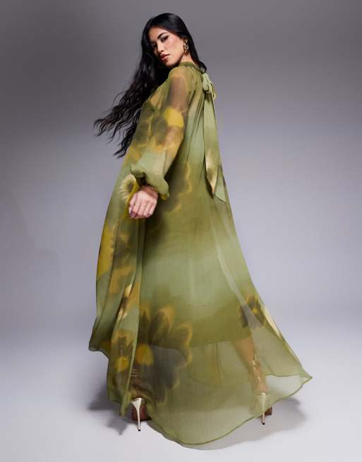 ASOS DESIGN tie neck maxi smock dress with high low hem in blurred oversize floral print, 3 of 4