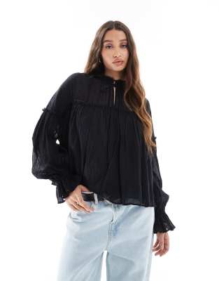ASOS DESIGN tie neck ruffle detail crinkle long sleeve smock top in black - view 1