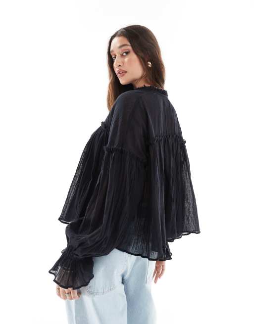 ASOS DESIGN tie neck ruffle detail crinkle long sleeve smock top in black, 2 of 4