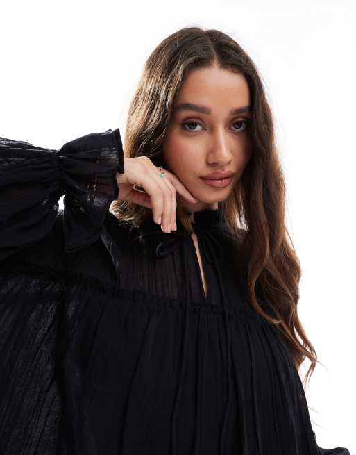 ASOS DESIGN tie neck ruffle detail crinkle long sleeve smock top in black, 3 of 4