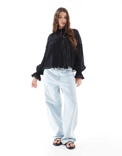 ASOS DESIGN tie neck ruffle detail crinkle long sleeve smock top in black, 4 of 4