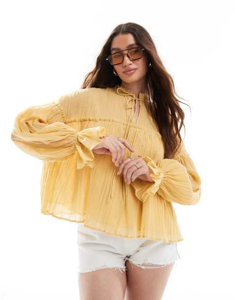 ASOS DESIGN tie neck ruffle detail crinkle long sleeve smock top in mustard - view 1