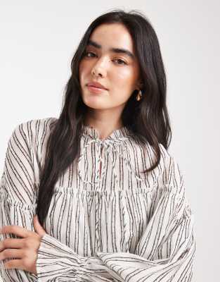 Asos Design Tie Neck Ruffle Detail Crinkle Long Sleeve Smock Top In Gray