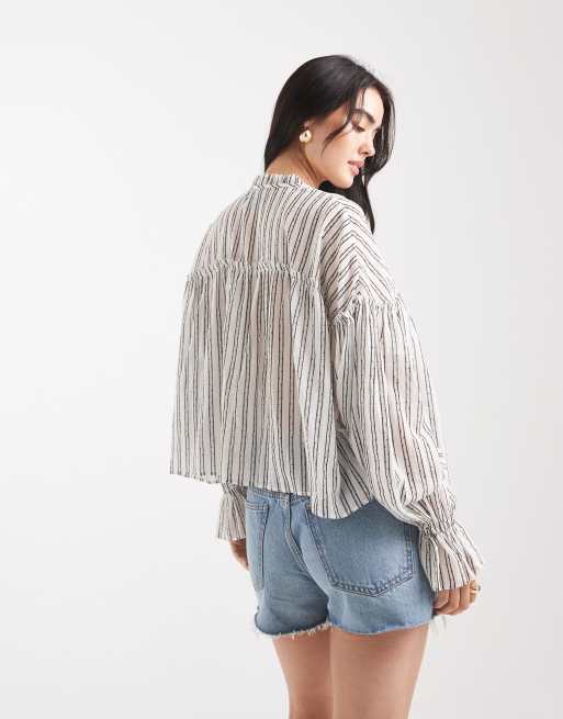 ASOS DESIGN tie neck ruffle detail crinkle long sleeve smock top in stripes, 4 of 4