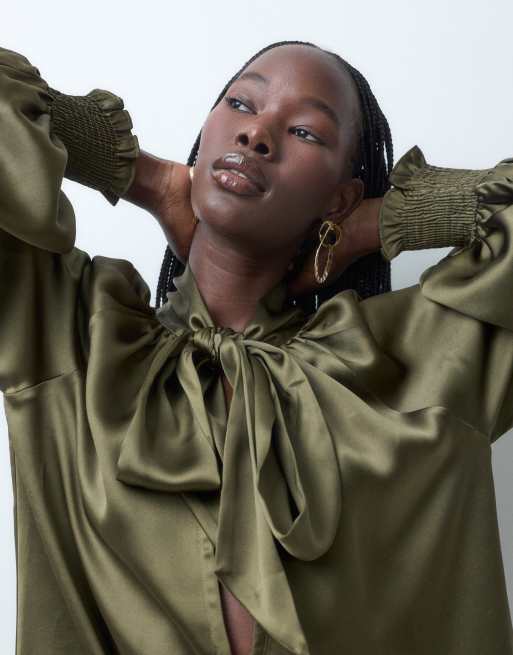 ASOS DESIGN tie neck satin playsuit with lace hem detail in olive, 4 of 4