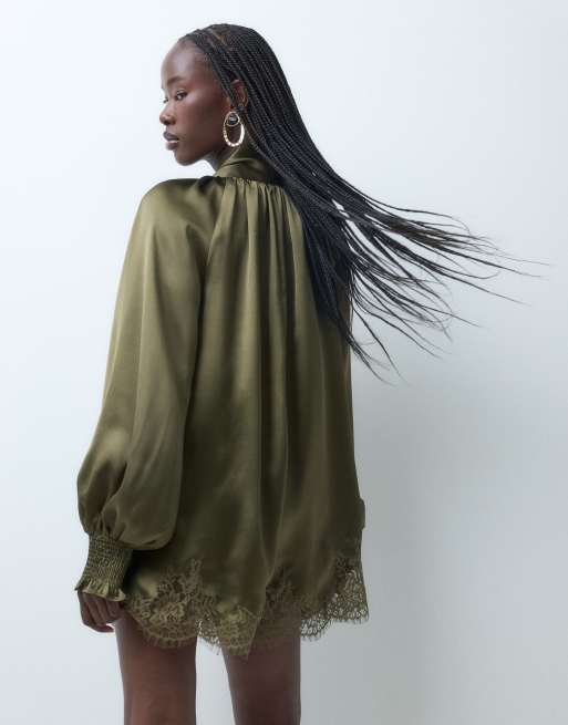 ASOS DESIGN tie neck satin romper with lace hem detail in olive, 3 of 4