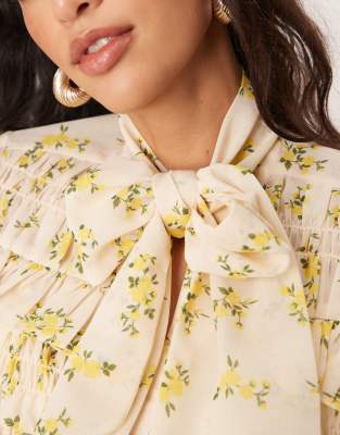 Asos Design Tie Neck Shirred Frill Detail Top In Multi