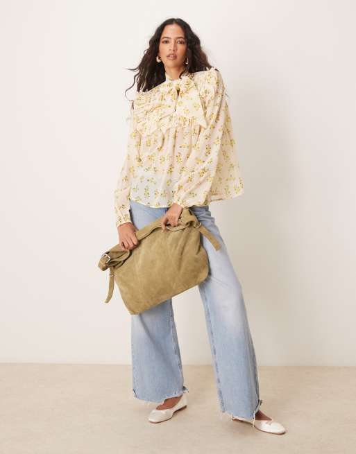 ASOS DESIGN tie neck shirred frill detail top in floral print