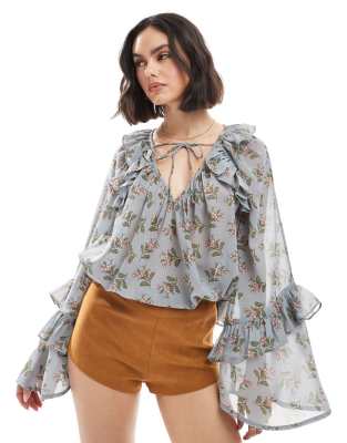 Asos Design Tie Neck Smock Top With Flare Sleeves