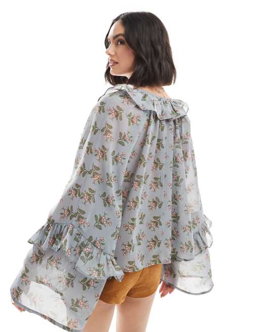 ASOS DESIGN tie neck smock top with flare sleeves in floral print, 3 of 4