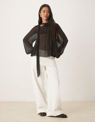 Asos Design Tie Neck Volume Blouse In Black