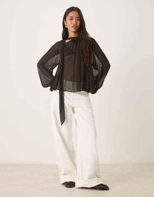 ASOS DESIGN tie neck volume blouse in black, 2 of 4