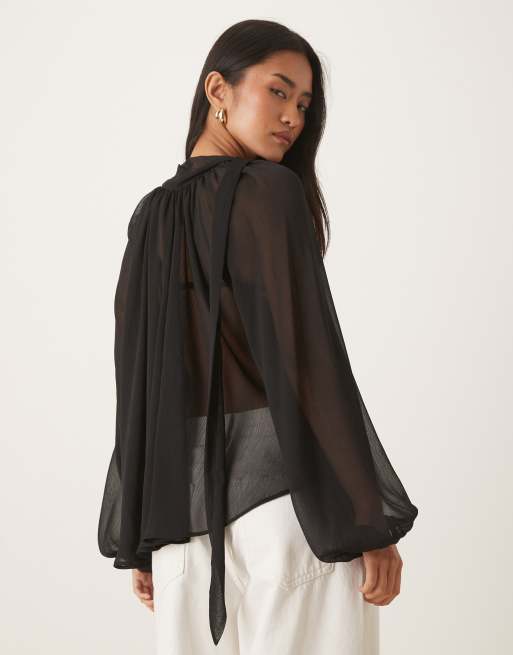 ASOS DESIGN tie neck volume blouse in black, 4 of 4