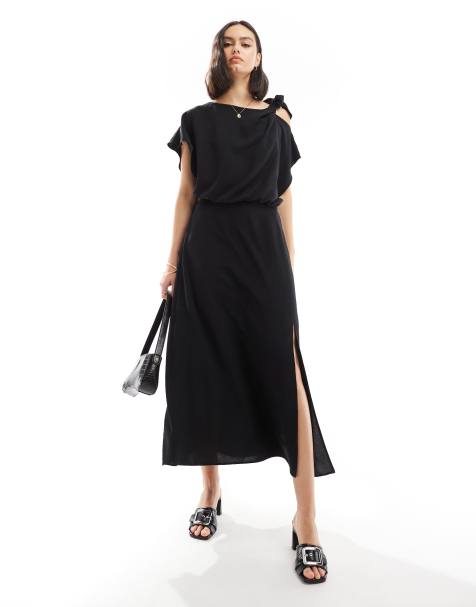 ASOS DESIGN tie shoulder blouson midi dress in black - view 1