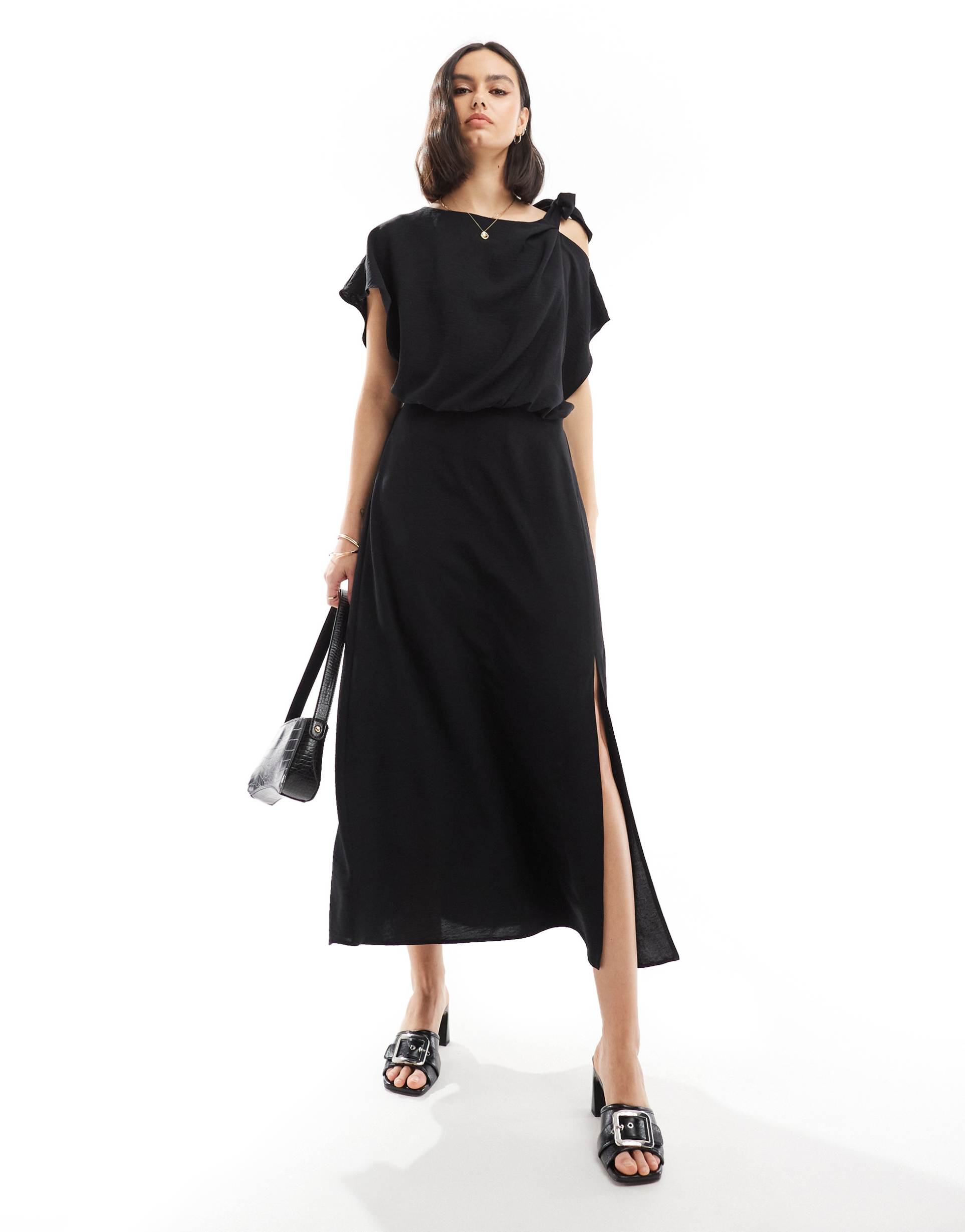 asos design tie shoulder blouson midi dress in black