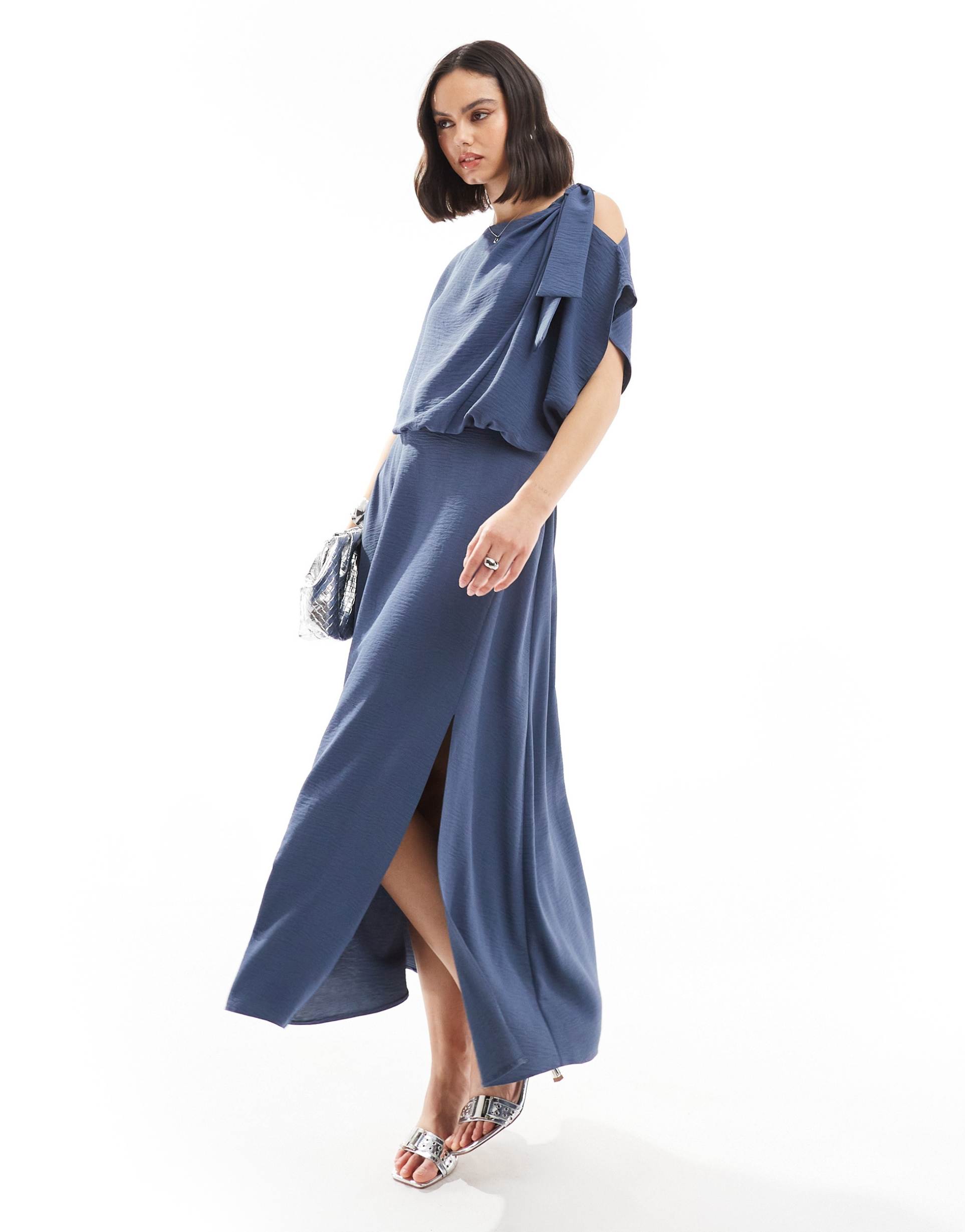 asos design tie shoulder blouson midi dress in denim blue