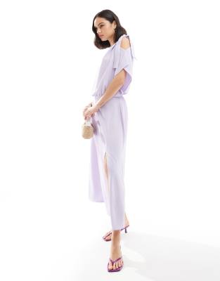 Asos Design Tie Shoulder Blouson Midi Dress In Lilac-purple