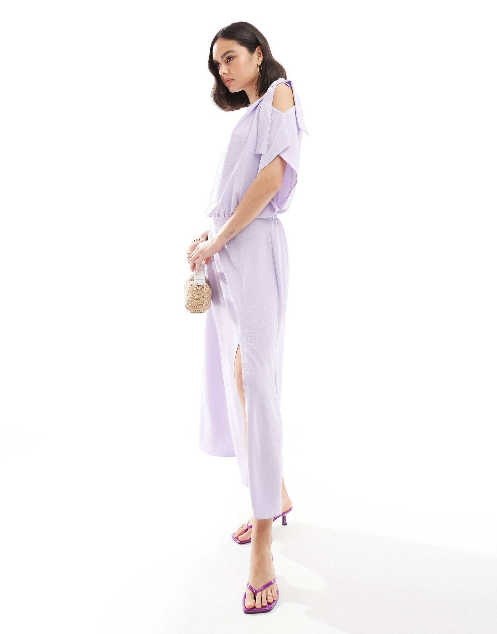 asos design tie shoulder blouson midi dress in lilac