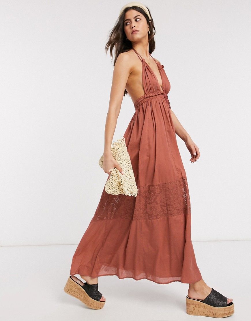 ASOS DESIGN tie shoulder cami maxi dress with lace inserts in terracotta-Pink