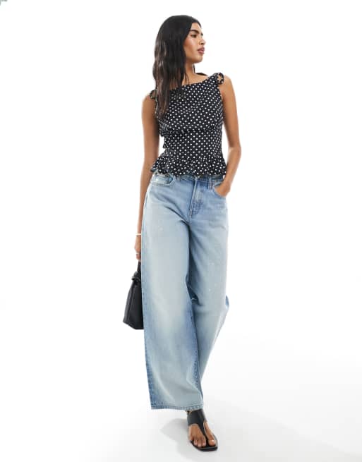 ASOS DESIGN tie shoulder cinched cami in polka dot, 2 of 4
