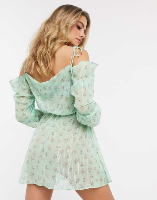 ASOS DESIGN tie shoulder cowl neck chiffon beach dress in ditsy floral print, 2 of 4