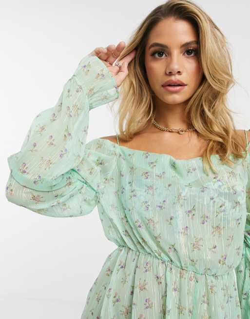 ASOS DESIGN tie shoulder cowl neck chiffon beach dress in ditsy floral print, 3 of 4
