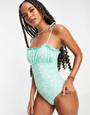 ASOS DESIGN tie shoulder lettuce edge swimsuit in two tone floral print