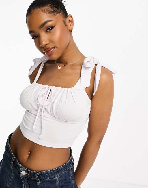 ASOS DESIGN tie shoulder milkmaid crop top in white |