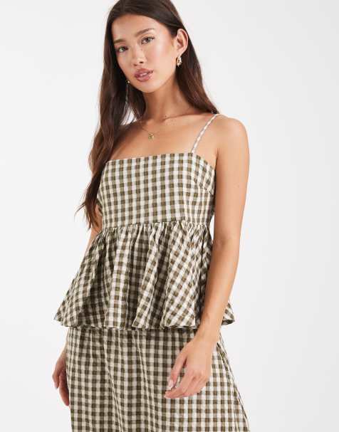 ASOS DESIGN tie shoulder peplum cami top in gingham (part of a set) - view 1