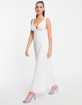 ASOS DESIGN tie shoulder plunge maxi dress in broderie in white