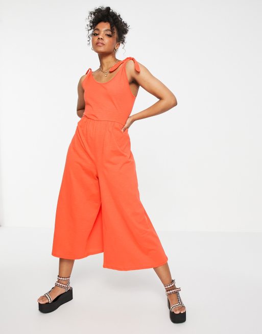 ASOS DESIGN tie shoulder smock jumpsuit in pop orange