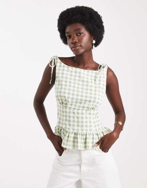 ASOS DESIGN tie shoulder top in mint gingham - view 1