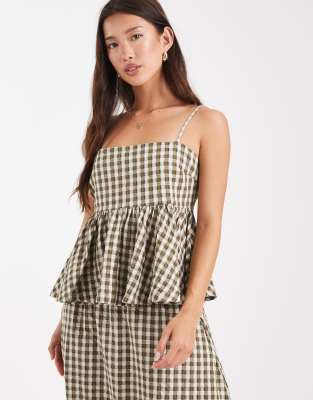 Asos Design Tie Shoulders Peplum Cami Top In Brown