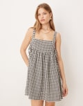 [ASOS DESIGN] ASOS DESIGN tie side baby doll mini dress in black gingham-Multi 8 Black gingham
