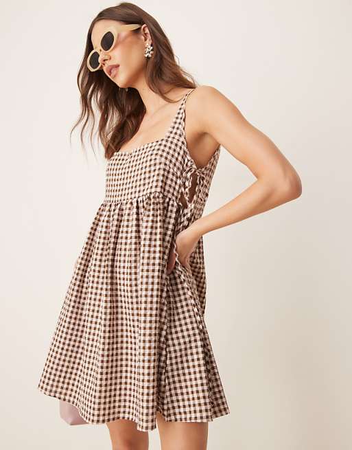 brown checkered dress Check Print Button Through Midi and sunlight Rihoas Lapel Collar Short Sleeve