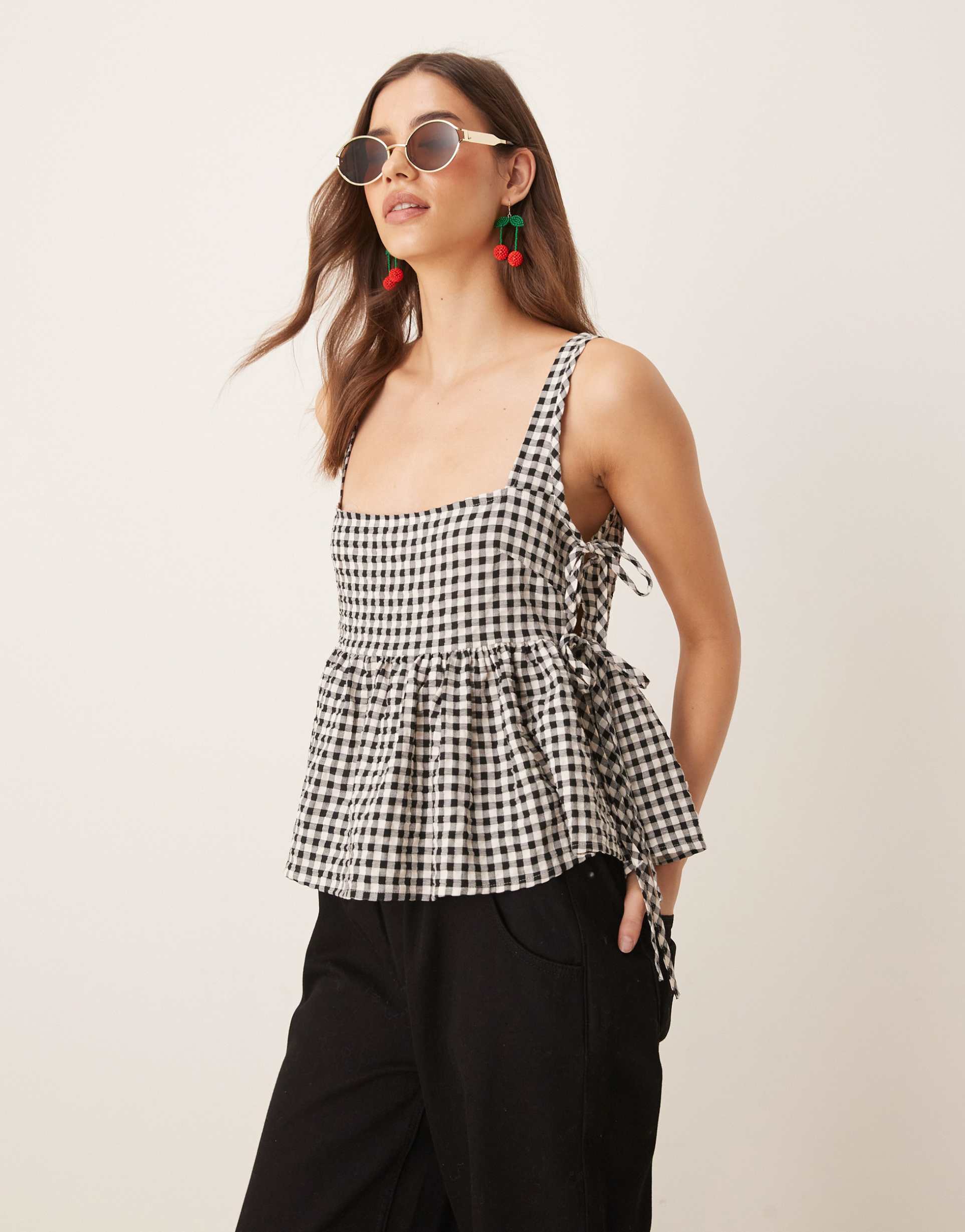 asos design tie side babydoll tank top in black and white gingham