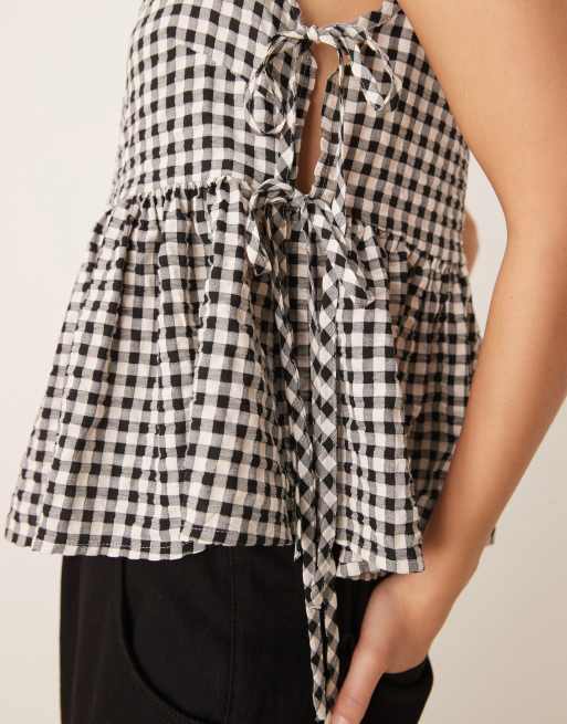 ASOS DESIGN tie side babydoll tank top in black and white gingham, 3 of 4