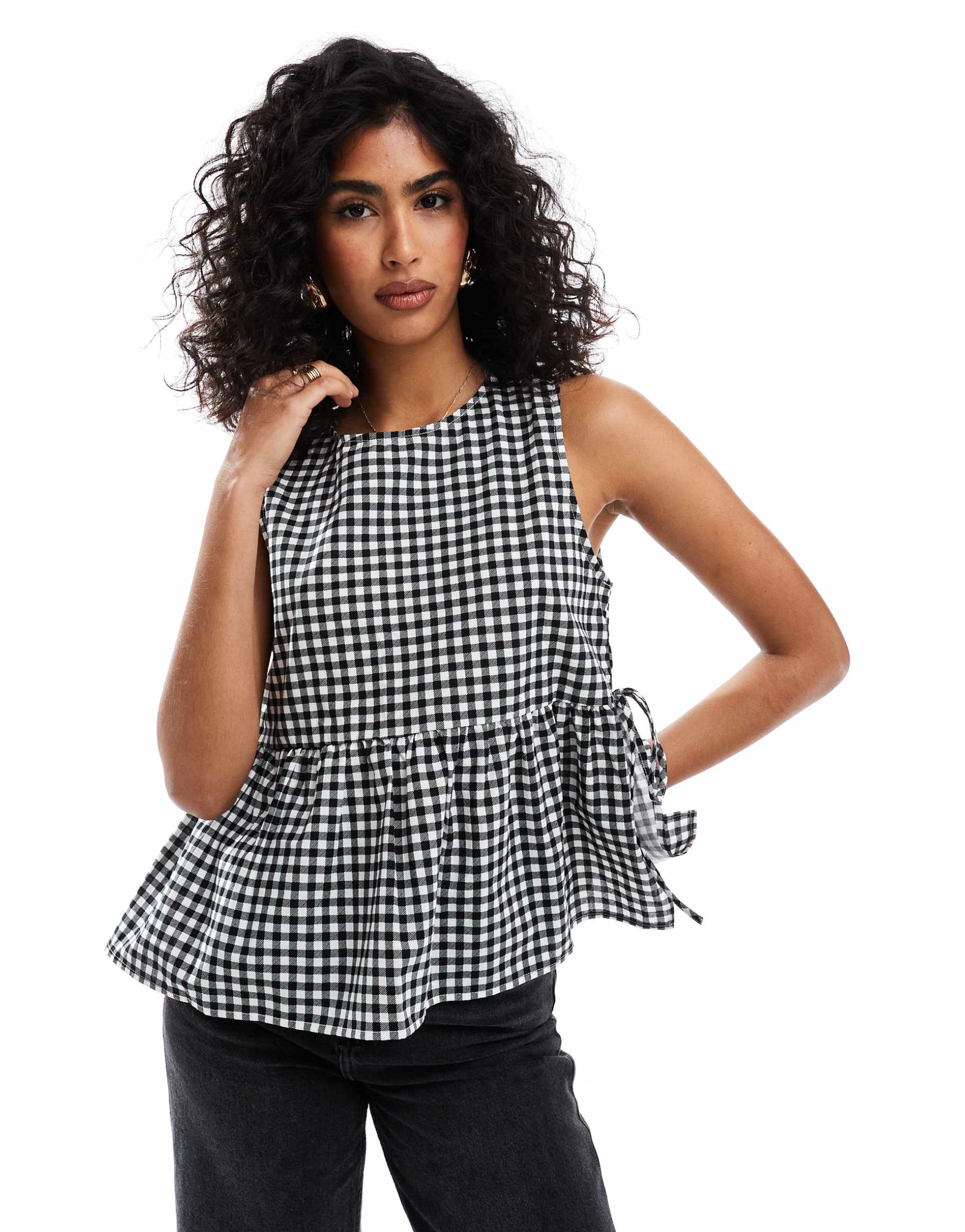 asos design tie side blouse in black gingham