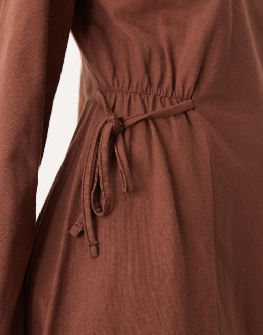 ASOS DESIGN tie side cinched mini dress with long sleeve in brown