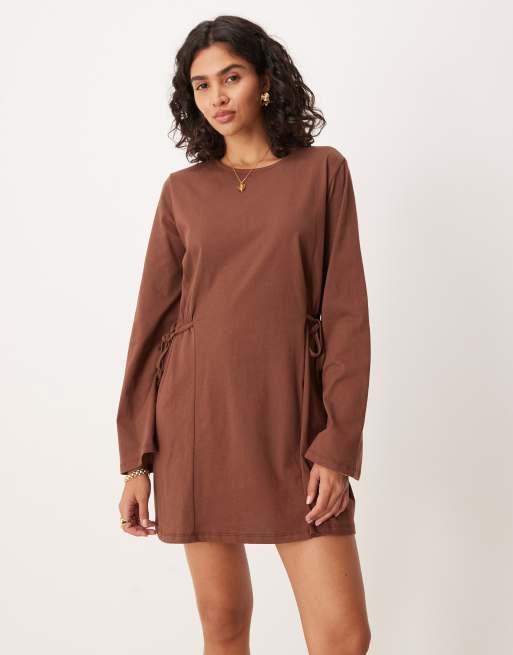 ASOS DESIGN tie side cinched mini dress with long sleeve in brown