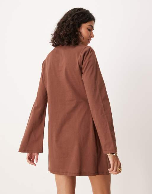 ASOS DESIGN tie side cinched mini dress with long sleeve in brown