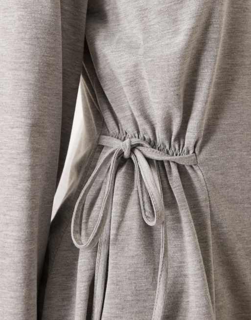 ASOS DESIGN tie side cinched mini dress with long sleeves in gray