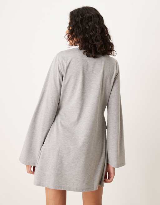 ASOS DESIGN tie side cinched mini dress with long sleeves in gray
