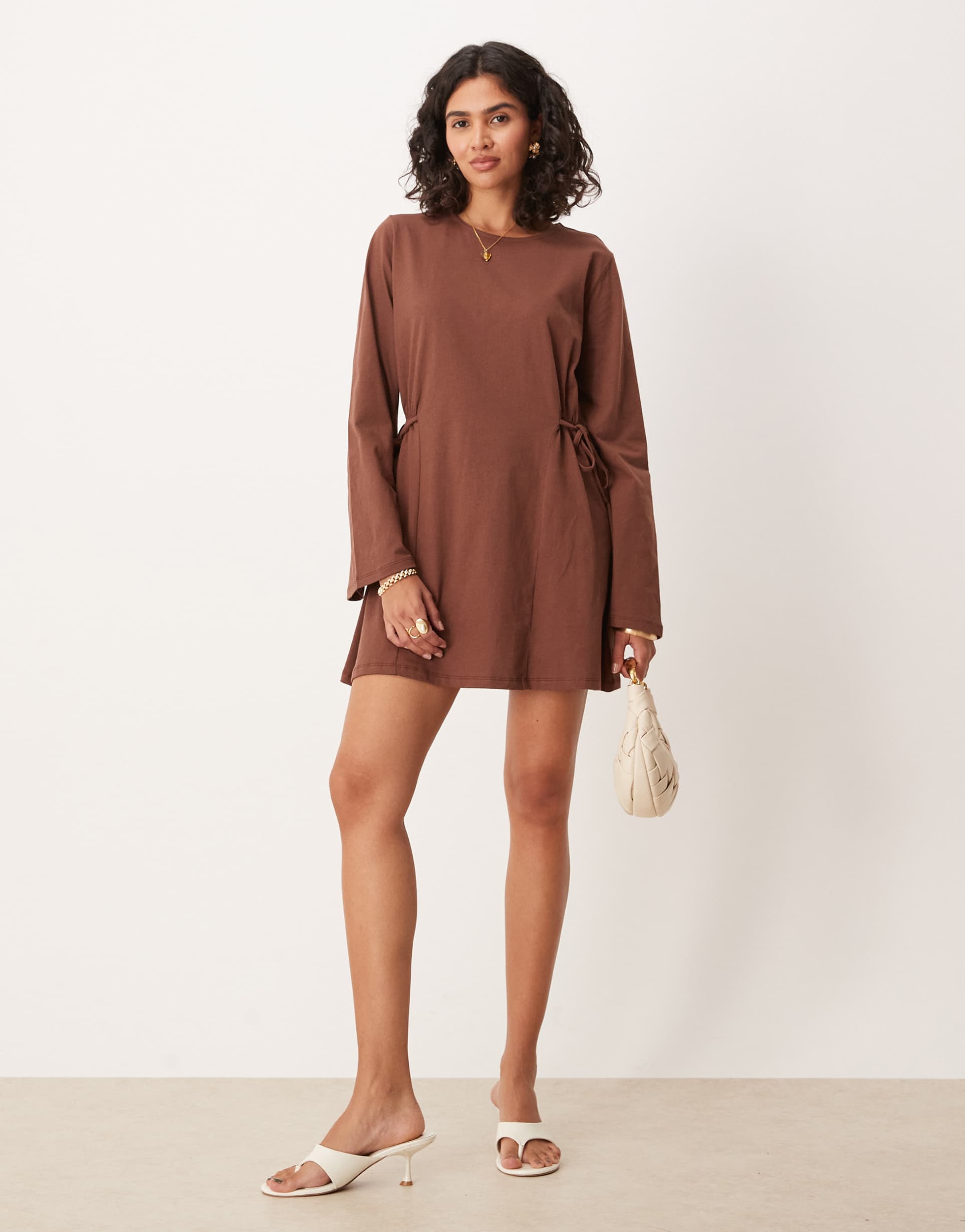 asos design tie side cinched mini dress with long sleeves in brown