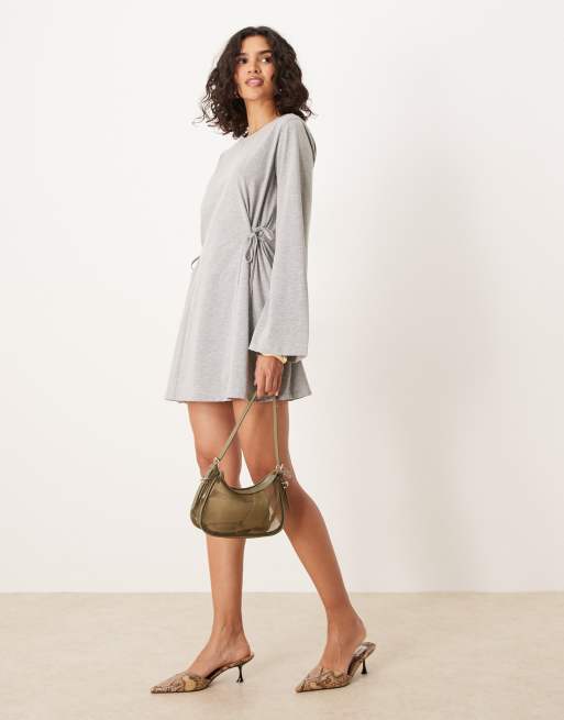 ASOS DESIGN tie side cinched mini dress with long sleeves in gray