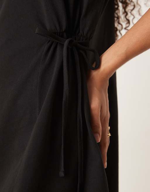 ASOS DESIGN tie side cinched waist shirt dress in black