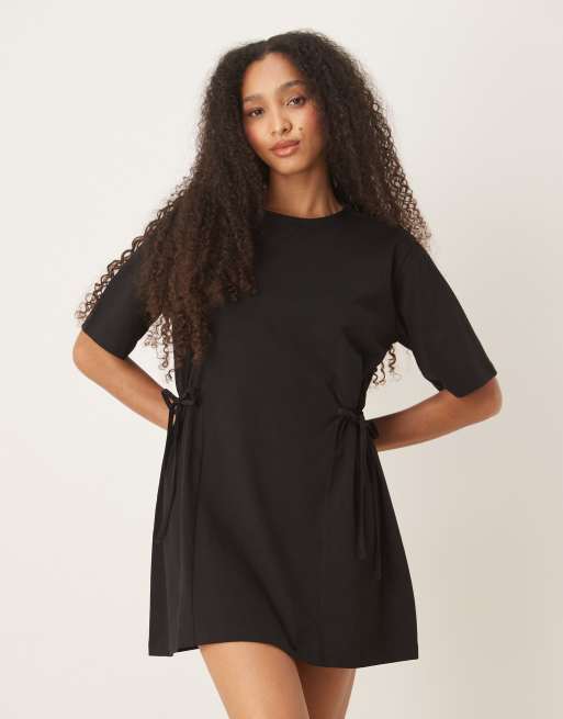ASOS DESIGN tie side cinched waist shirt dress in black