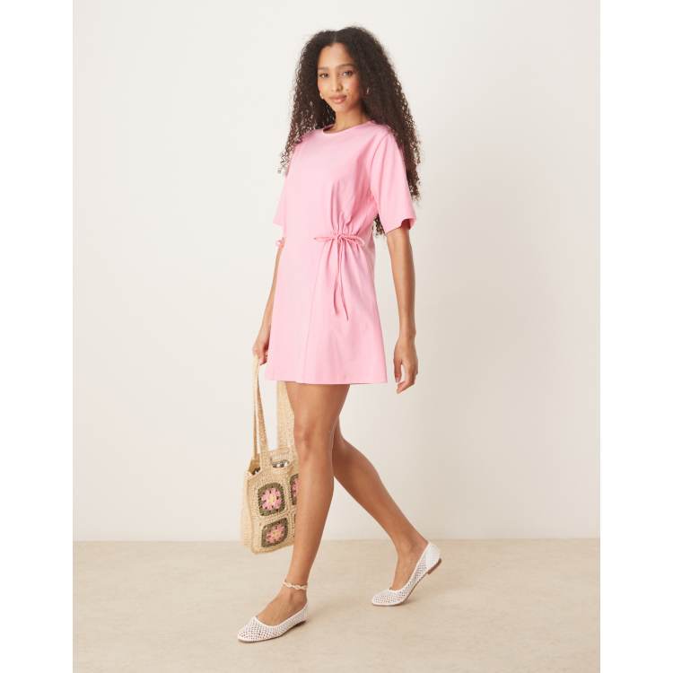 ASOS DESIGN tie side cinched waist shirt dress in pink | ASOS